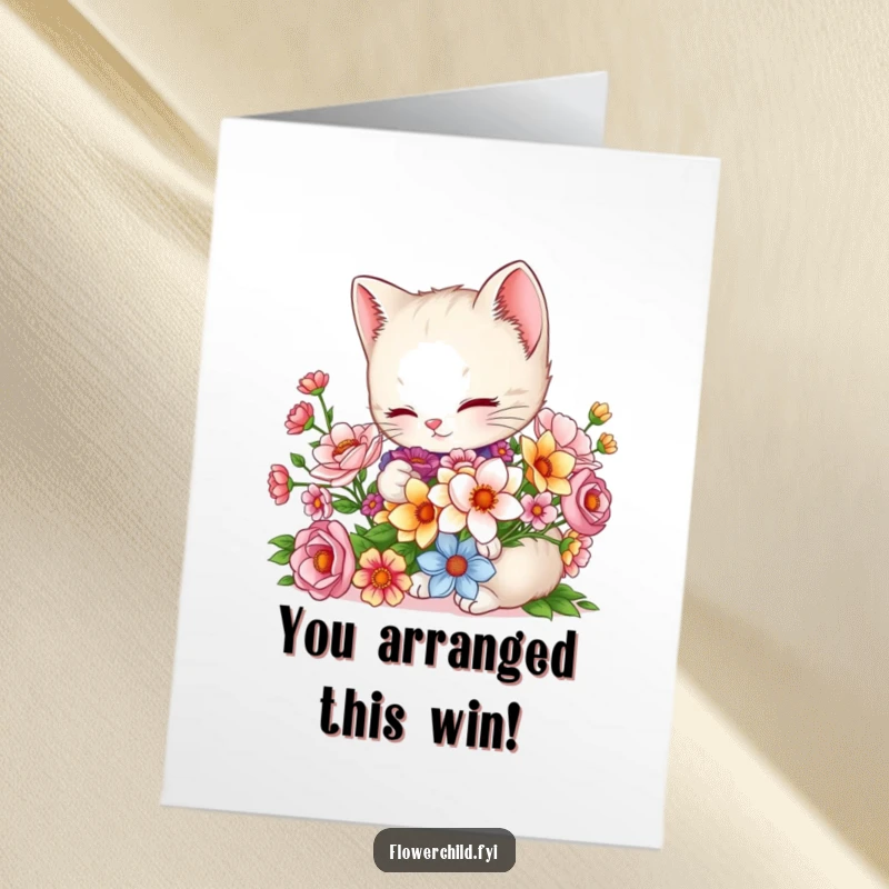 Funny Free Printable Congratulations Card of a charming kitten arranging a beautiful bouquet of colorful flowers to celebrate.