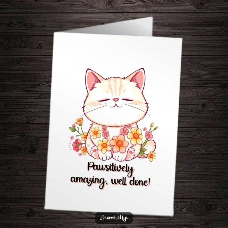 Funny free printable congratulations card: A contented cat napping with flowers in its fur, symbolizing restful success and peace.