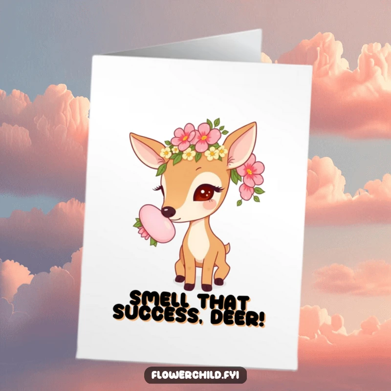 Funny Free Printable congratulations card: a curious deer with a flower garland sniffing a large bloom, celebrating new beginnings.