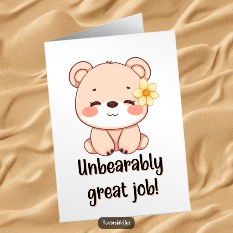Funny Free Printable Congratulations Card: A sweet bear cub with a smile and a flower behind its ear, celebrating good news.
