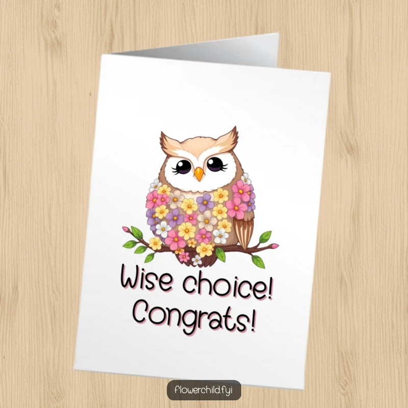 Funny Free Printable Congratulations Card: Contented owl wearing flower boa, resting on branch, elegant DIY surprise.