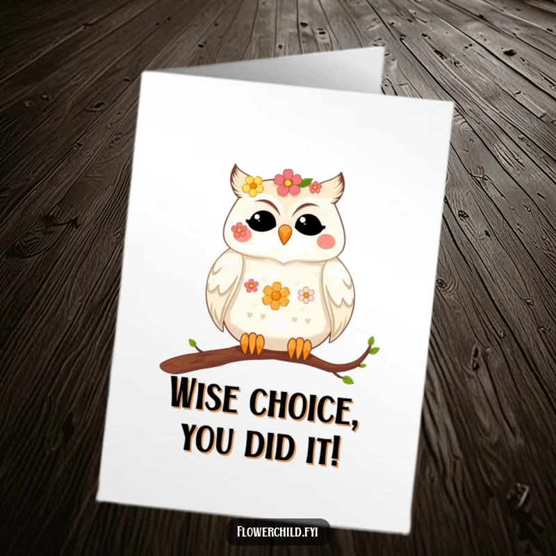 Funny Free Printable Congratulations Card: A content owl adorned with flowers rests on a branch, symbolizing peaceful success.