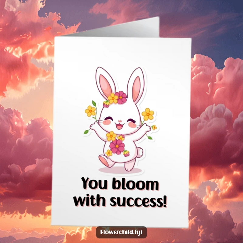 Funny Free Printable Congratulations Card of a joyful bunny dancing amidst flowers, celebrating success with pure delight.