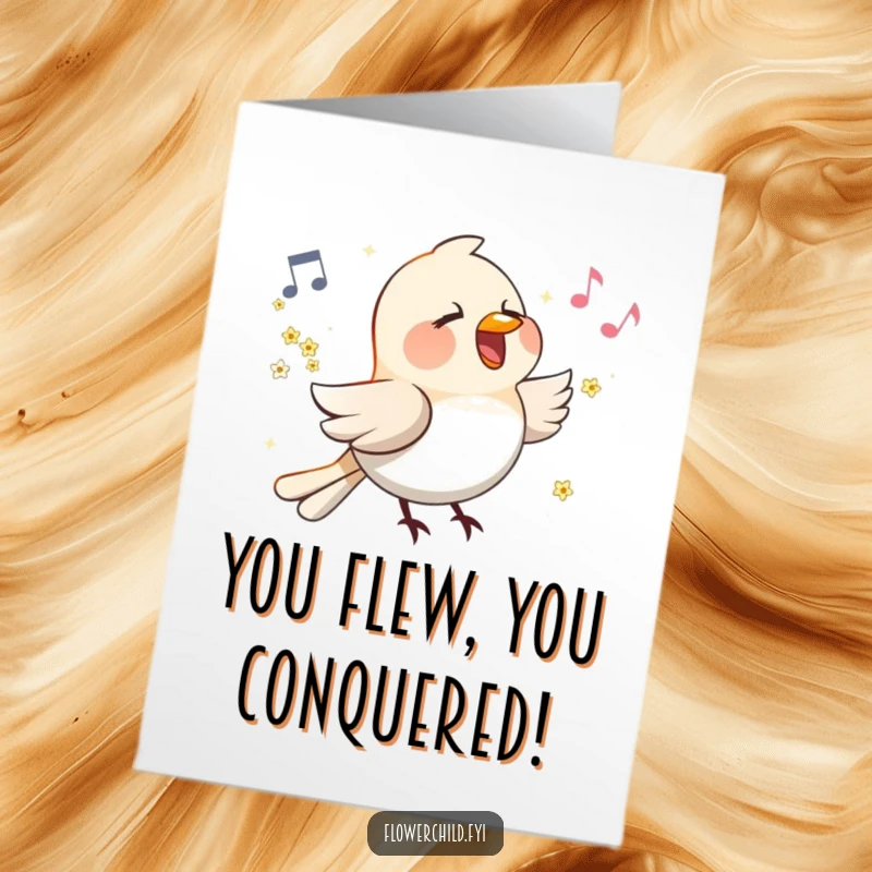 Funny free printable congratulations card: A bird with flowers on its wings sings a happy tune, conveying melodious congratulations.