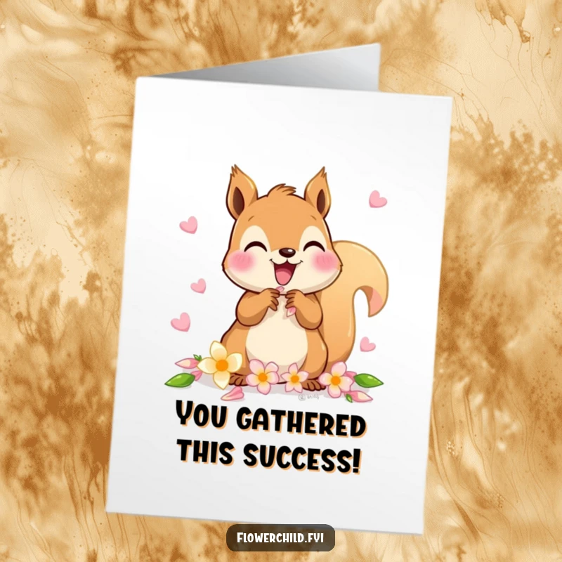 Funny Free Printable Congratulations Card: A delighted squirrel collects petals for a flower chain, celebrating achievements.