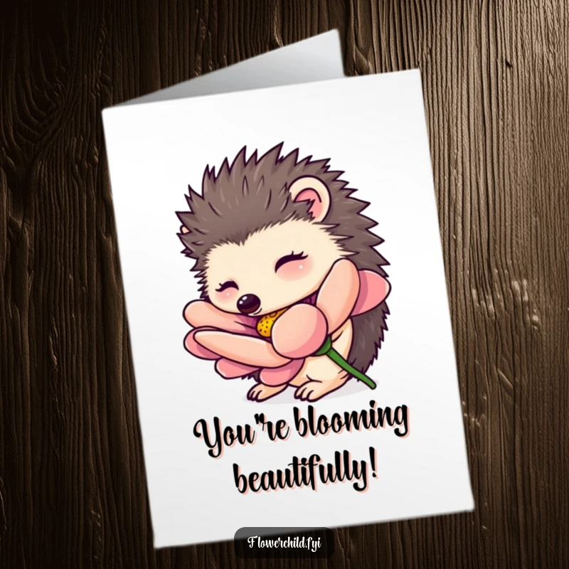 Funny Free Printable Congratulations Card showing a curious hedgehog smelling a huge, colorful flower, celebrating a grand accomplishment.