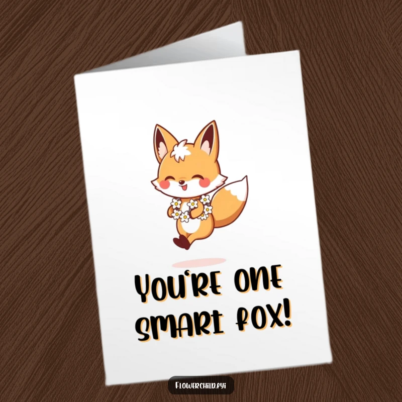 Funny Free Printable Congratulations Card: A fox adorned with a daisy chain bounces with happiness.