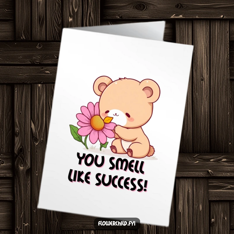 Funny Free Printable Congratulations Card with a curious bear cub sniffing a giant wildflower with pure delight, celebrating an achievement.