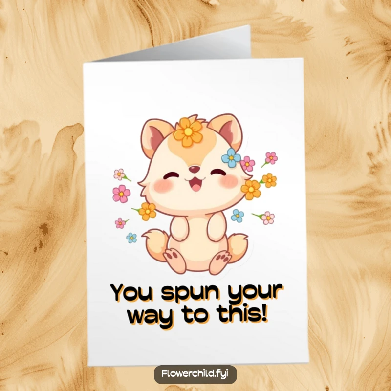 Funny Free Printable Congratulations Card showing a joyous animal character adorned with flowers, spinning with delight.