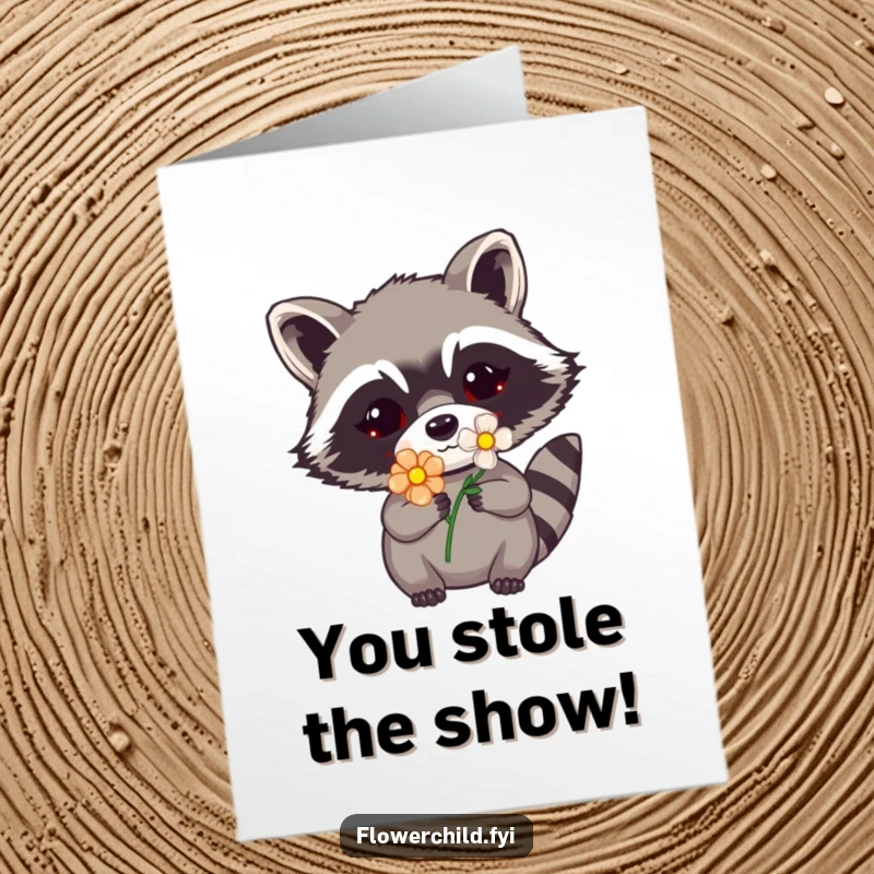 Funny Free Printable Congratulations Card: A cute raccoon with a flower in its mask peeking out playfully.