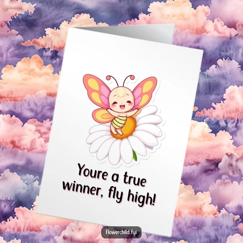 Funny Free Printable Congratulations Card: A cheerful butterfly with colorful wings dances joyfully around a giant daisy.