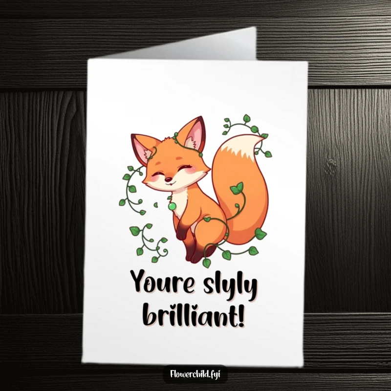 Funny Free Printable Congratulations Card: A playful fox with vines entwined around its tail, twirling happily to celebrate.