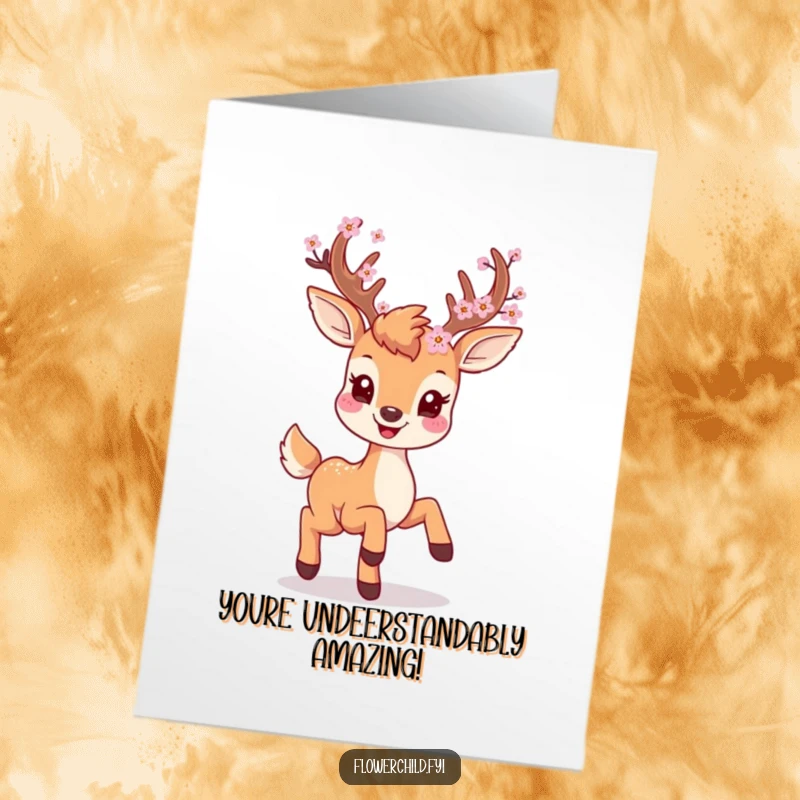 Funny Free Printable Congrats Card: A smiling deer with blossoms on its antlers, prancing playfully to celebrate.