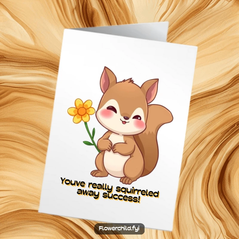 Funny Free Printable Congratulations Card: A curious squirrel with a flower behind its ear, celebrating achievements with charm.