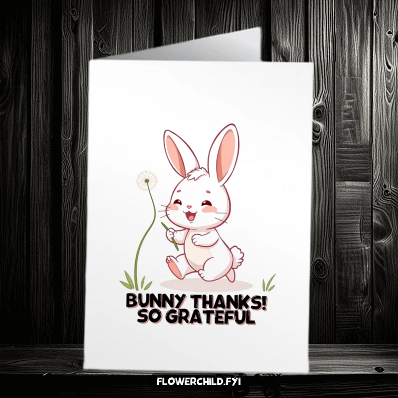 Funny Free Printable Bunny Thank You Card: Playful bunny reaching for a dandelion seed, a cute way to say thank you.
