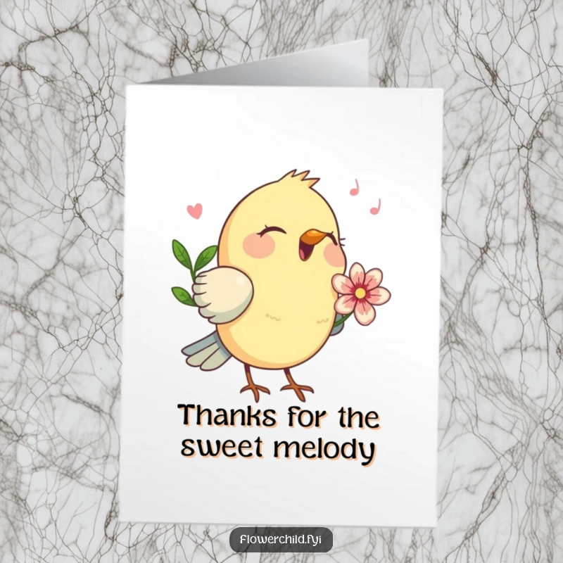 Funny Free Printable Thank You Card: A bird with a flower behind its ear sings a joyful tune of thanks.