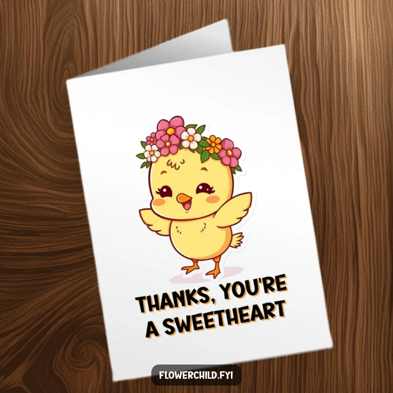 Funny Free Printable Dancing Chick Thank You Card: Happy chick in flower crown dancing, conveying thanks energetically.