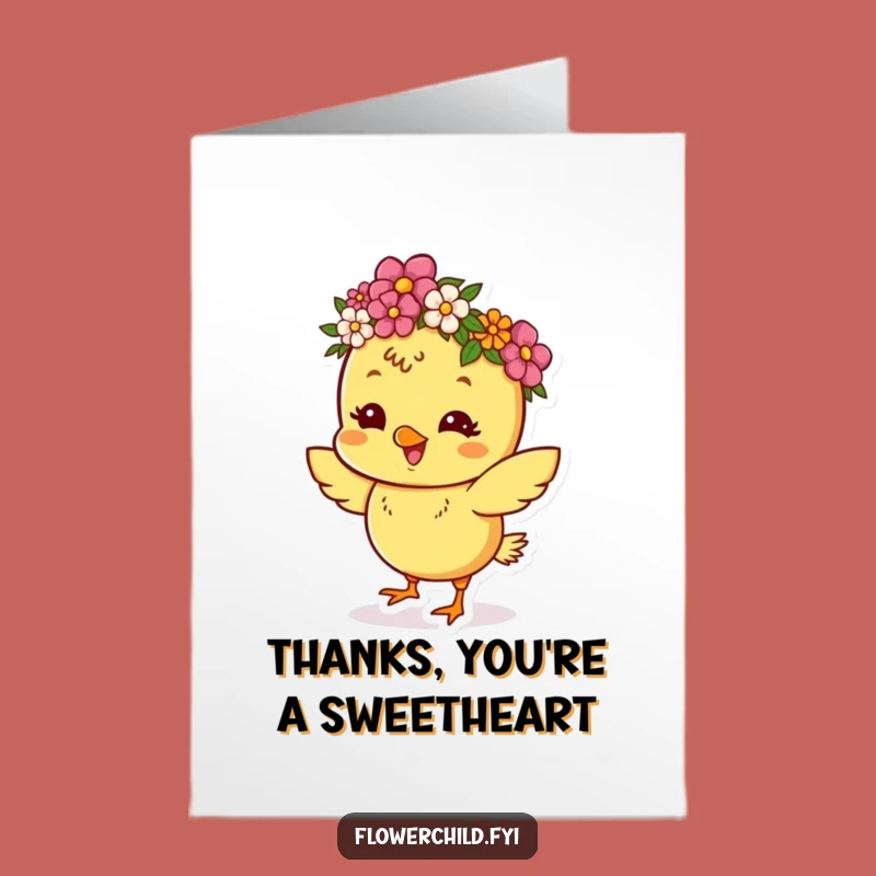 Free Printable Dancing Chick Thank You Card: Funny Flower Crown Gratitude Downloadable
