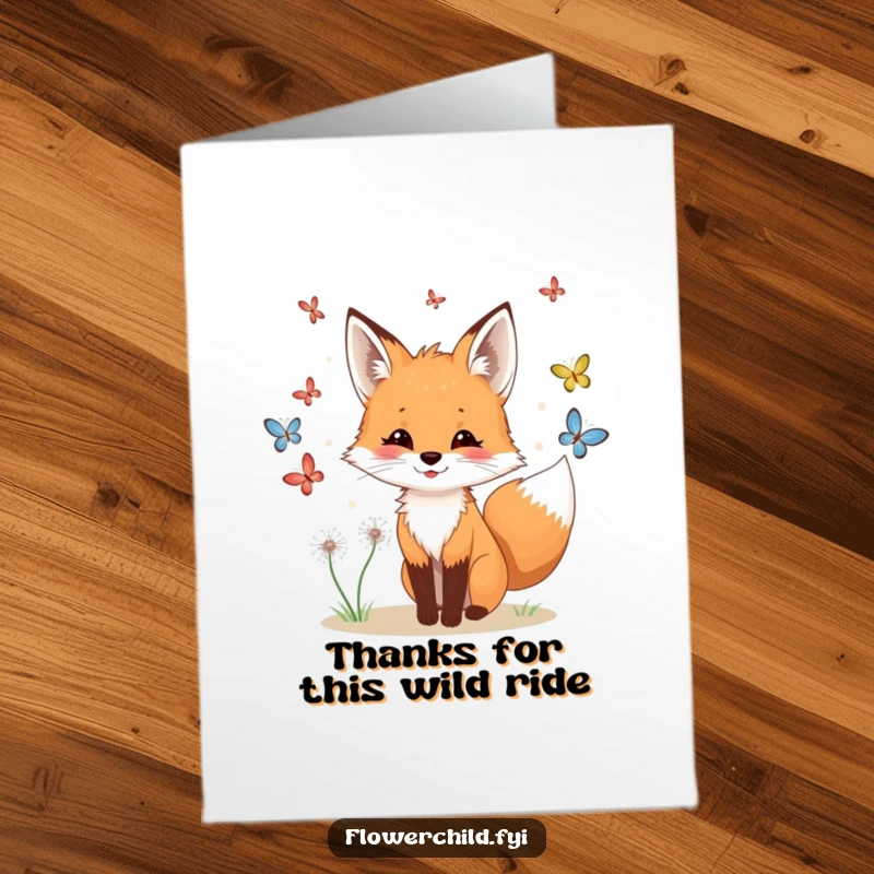 Funny Free Printable Thank You Card: A playful fox with dandelions in its fur chases butterflies with thanks.