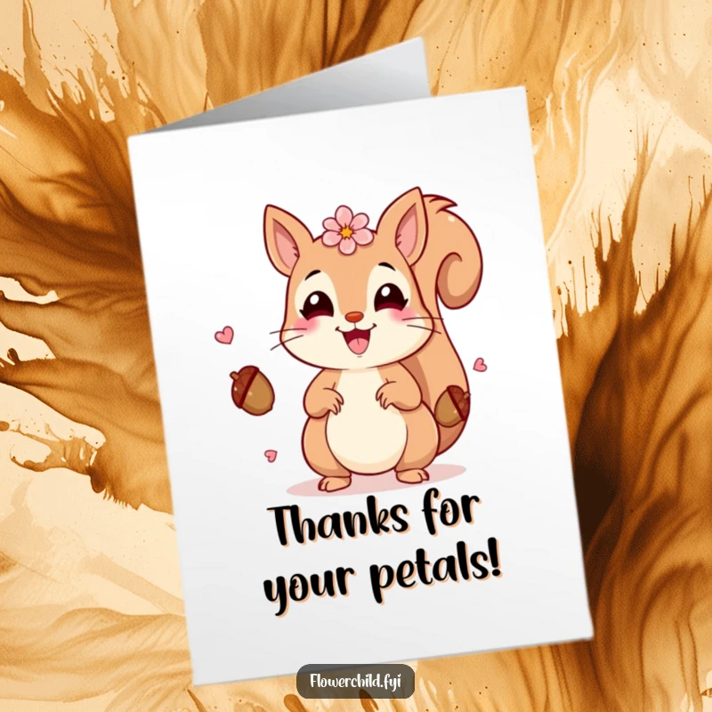 Funny Free Printable Thank You Card: A beaming squirrel with small petals cheerfully juggles acorns, expressing thanks.