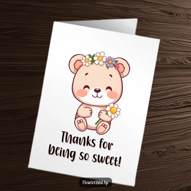 Funny Free Printable Thank You Card: Bear cub in a flower crown holding a daisy, conveying thanks with adorable charm.