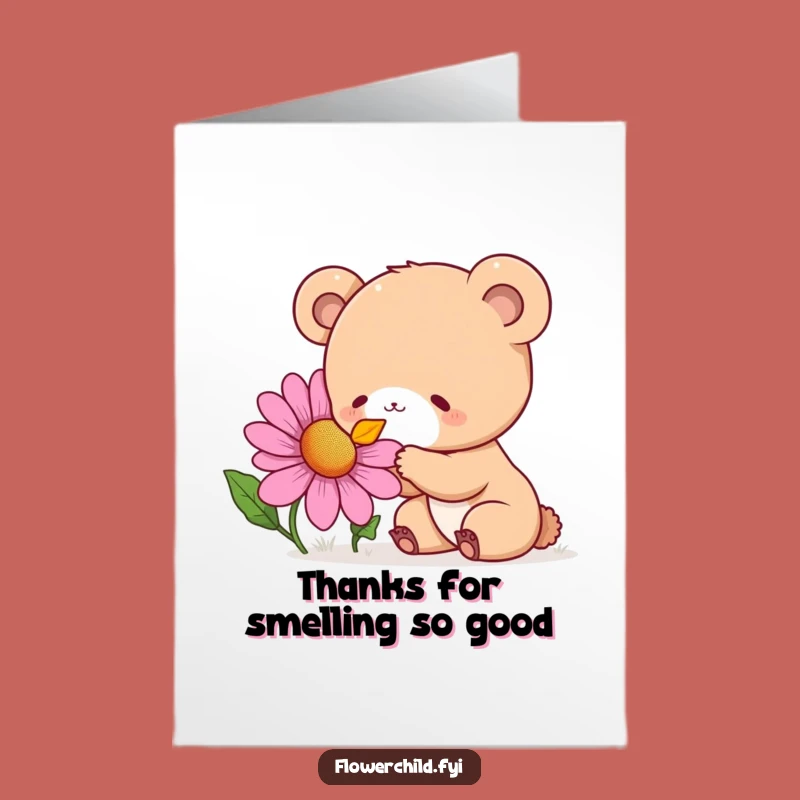 Free Printable Thank You Card: Bear Cub's Flower Gratitude Funny Downloadable Gift