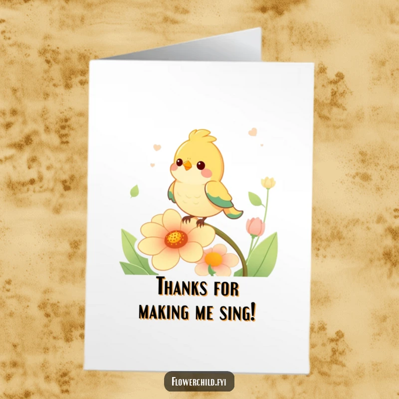 Funny free printable thank you card showing a happy bird chirping on a musical flower, conveying thanks with humor.
