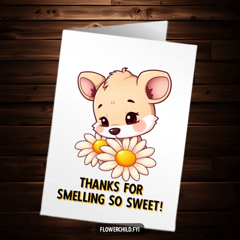 Funny Free Printable Thank You Card of a curious animal character pausing to sniff a strikingly large and colorful daisy.