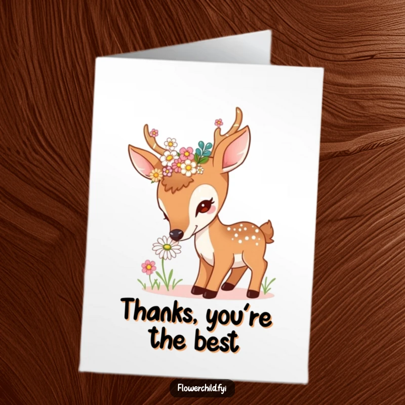 Funny Free Printable Thank You Card: A curious deer with flowers in its antlers delicately sniffs a daisy, expressing thanks.