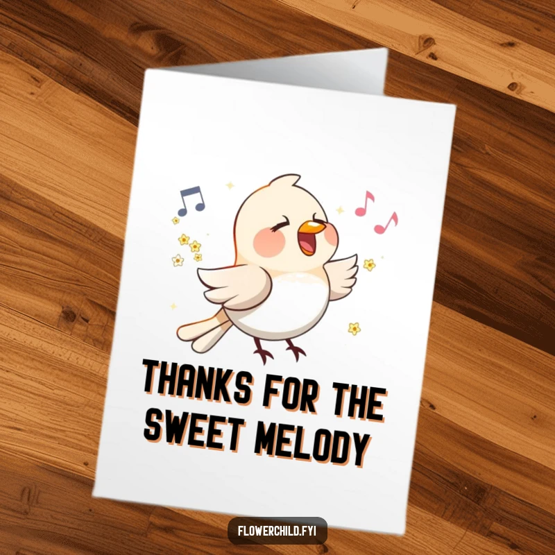 Funny free printable thank you card: A bird with small flowers on its wings singing a happy tune, expressing thanks melodiously.