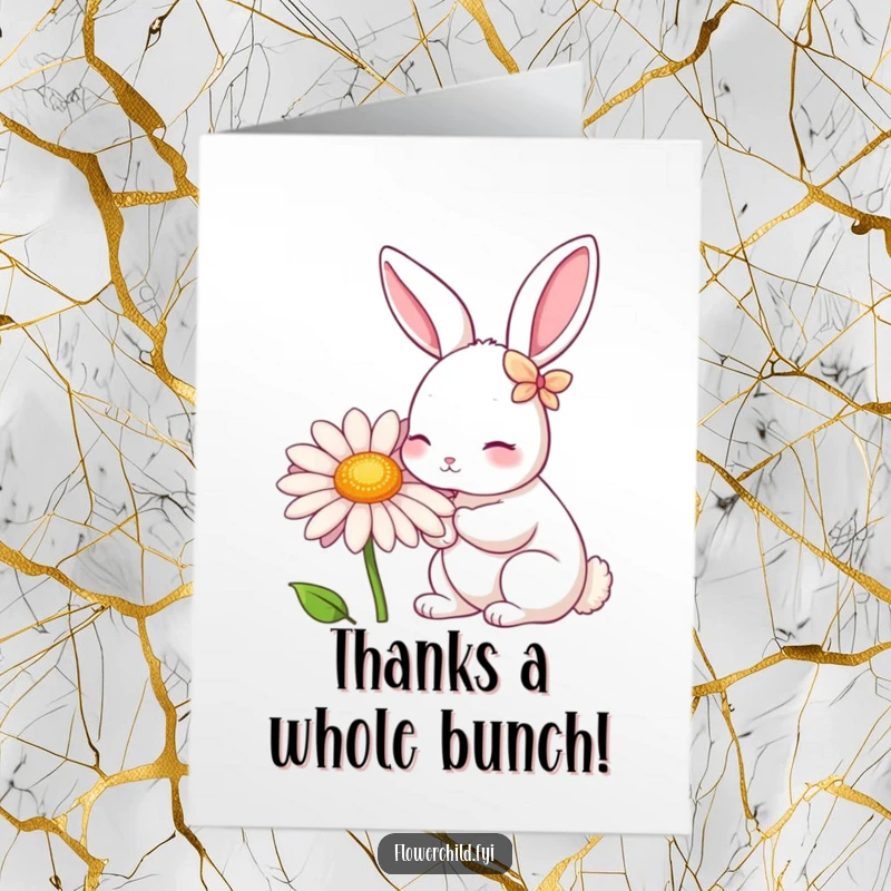 Funny free printable thank you card: A rabbit with petals on its ears nibbling a giant daisy, offering thanks from the garden.