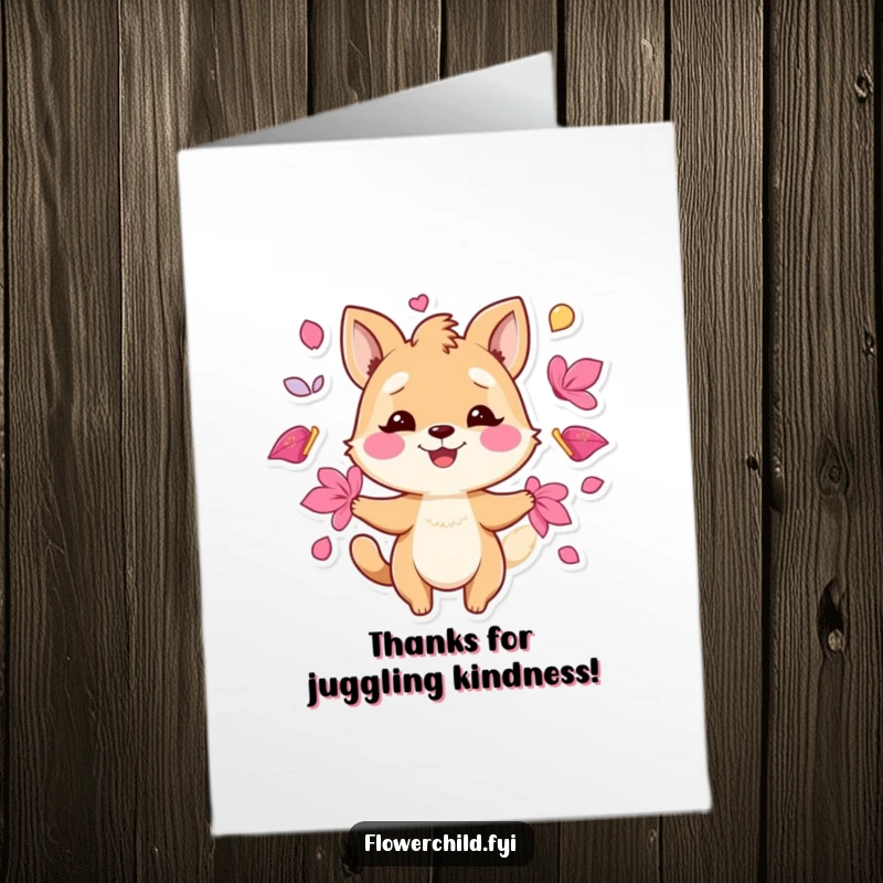Funny Free Printable Thank You Card of a playful animal character smiling while juggling a handful of vibrant petals.