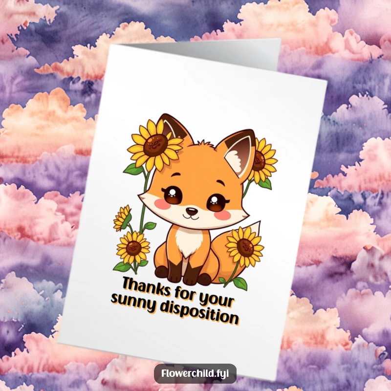 Funny Free Printable Thank You Card: A playful fox with sunflowers growing from its fur offers sunny thanks.