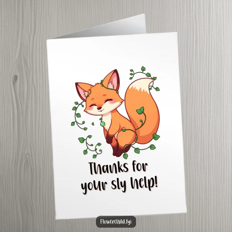 Funny Free Printable Thank You Card: Playful fox with vines on its tail, twirling to express gratitude with charm.