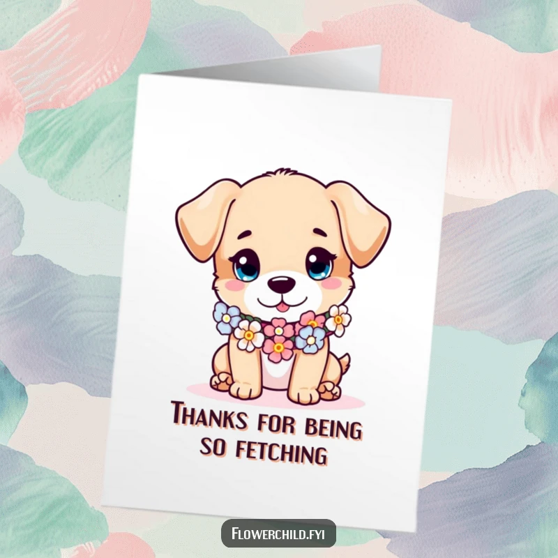 Funny Free Printable Thank You Card featuring a mischievous puppy sporting a beautiful flower garland as a chic scarf.