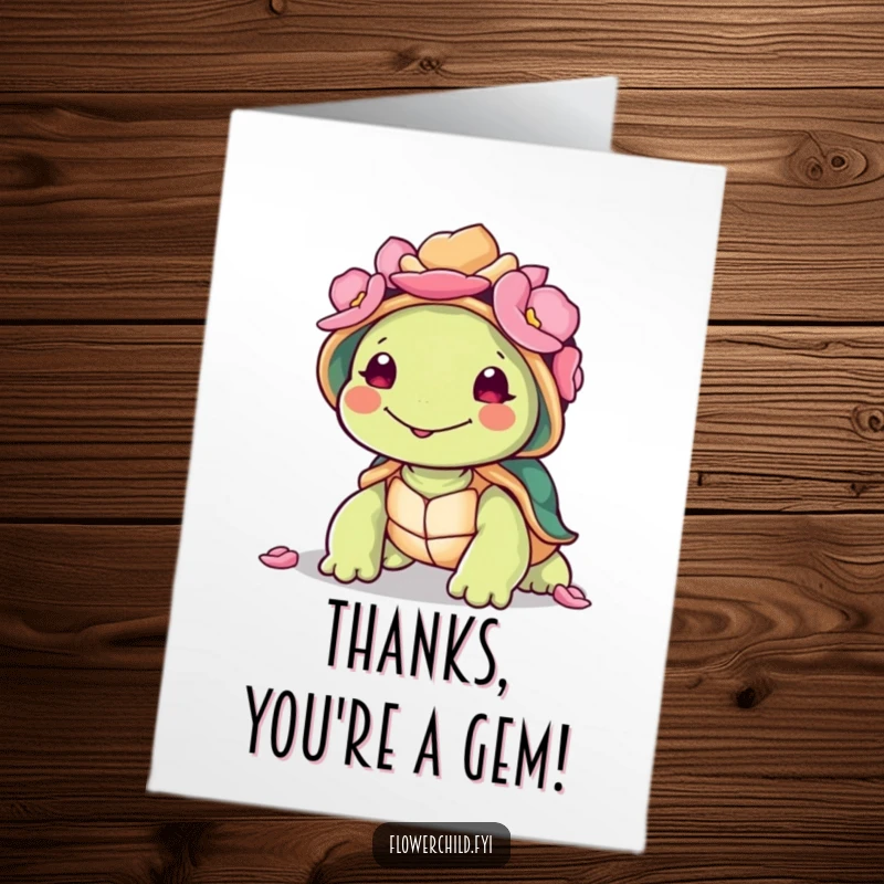 Funny free printable thank you card featuring a smiling turtle with a vibrant, petal-covered shell, expressing gratitude with a smile.