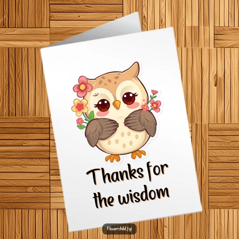 Funny Free Printable Thank You Card: A whimsical owl with flowers in its feathers, offering a warm, thankful hug.