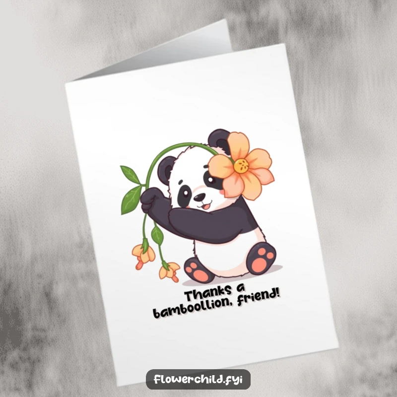 Funny Free Printable Thank You Card: Cuddly Panda Gently Playing with Flower