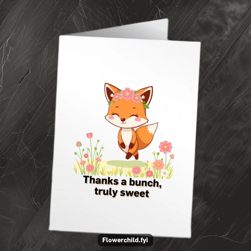 Funny free printable thank you card: Joyful fox in a flower crown skipping through a meadow, conveying heartfelt thanks with humor.