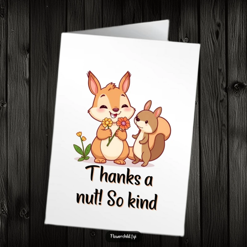 Funny Free Printable Squirrel Thank You Card: Jovial squirrel offering a flower, a sweet gesture of thanks.