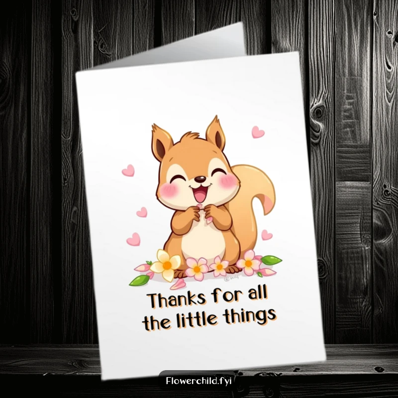 Funny Free Printable Thank You Card: A delighted squirrel gathers petals to create a flower chain, offering thanks.
