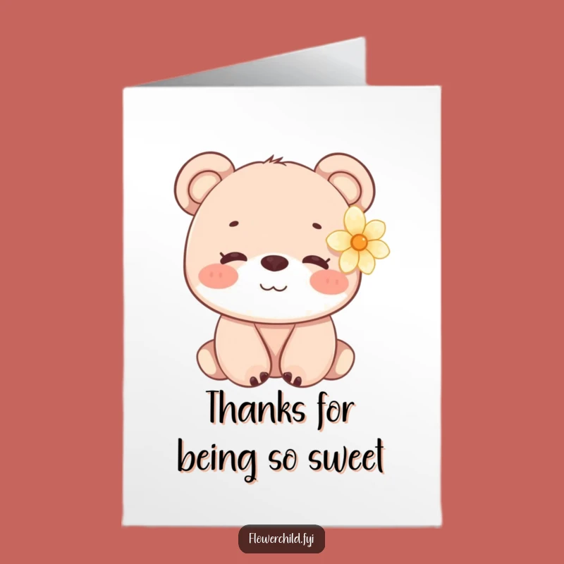 Gentle Bear Cub Flower Free Printable Thank You Card - Kind DIY Downloadable