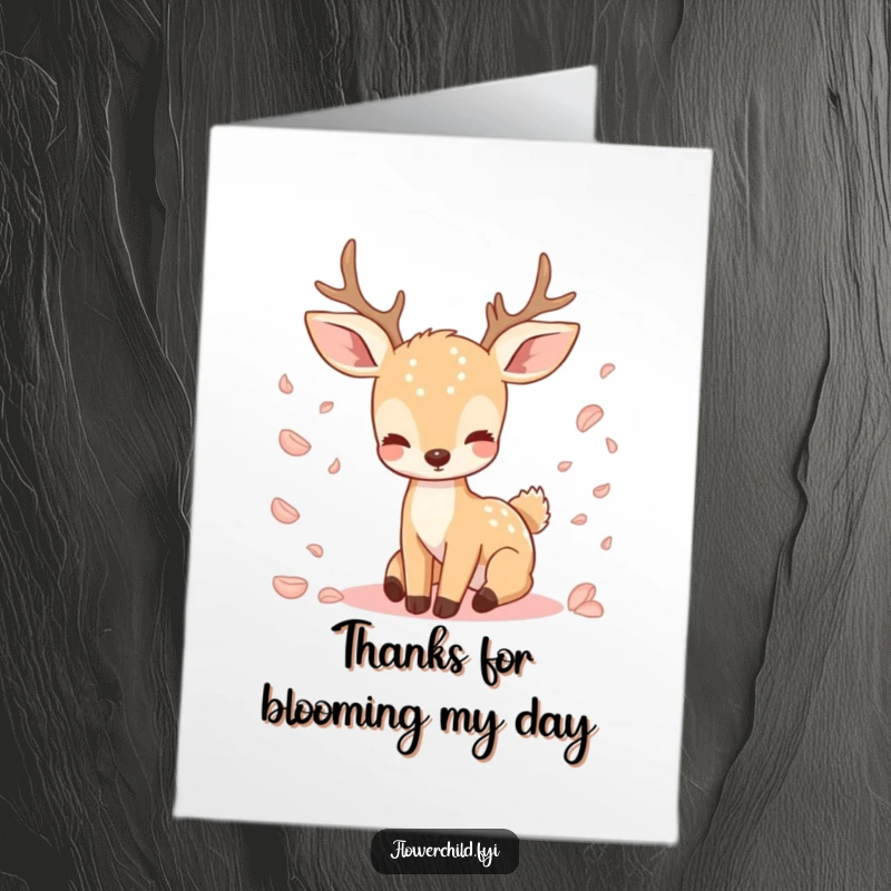 Funny Free Printable Thank You Card featuring a serene deer and falling petals, perfect for a downloadable expression of gratitude.