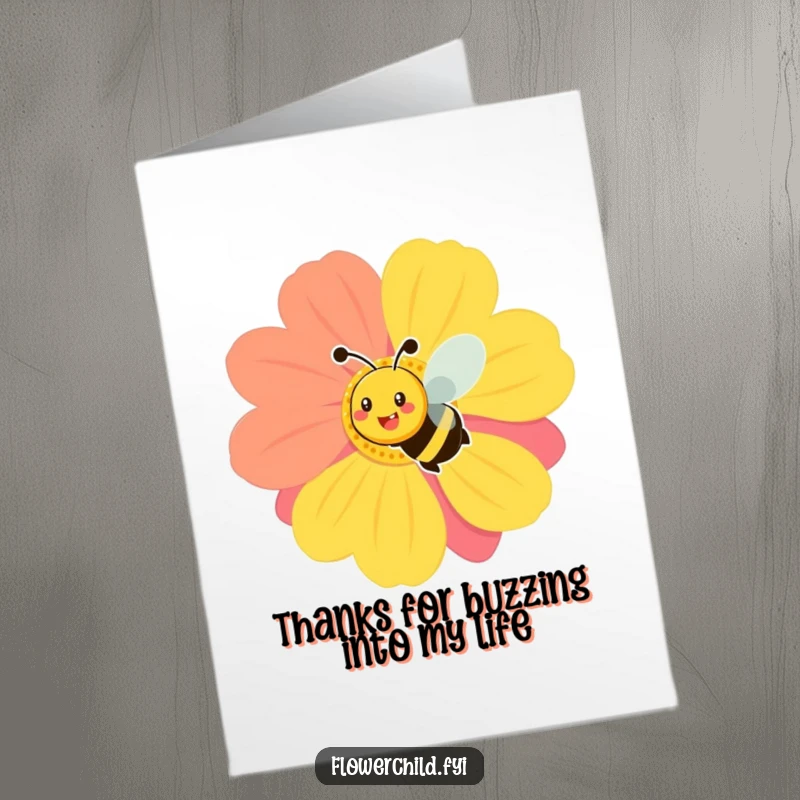 Funny Free Printable Thank You Card: A smiling bee flitting around a large, colorful flower, conveying thanks.