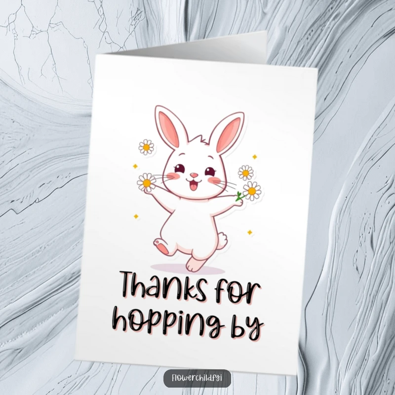 Funny Free Printable Thank You Card showing a cheerful rabbit twirling happily, with daisies framing its ears, conveying heartfelt thanks.