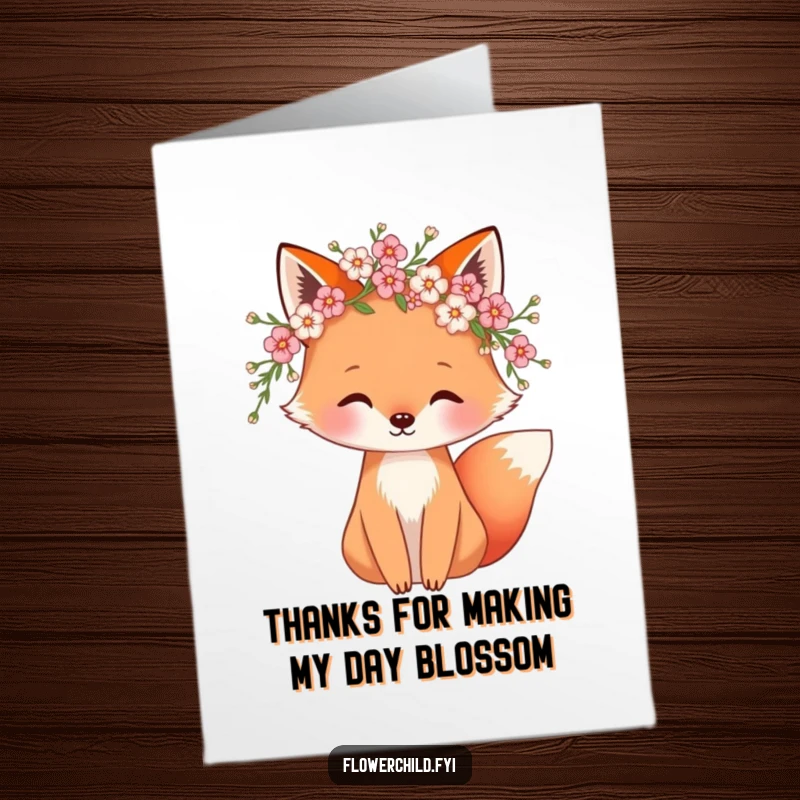 Funny Free Printable Thank You Card featuring a whimsical fox with a blossom wreath, conveying thanks with a smile.