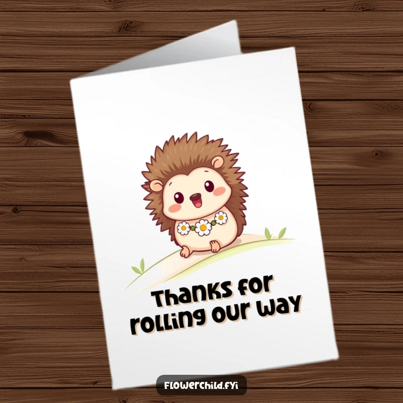 Funny Free Printable thank you card featuring a cheerful hedgehog rolling down a hill, expressing thanks with pure joy and movement.