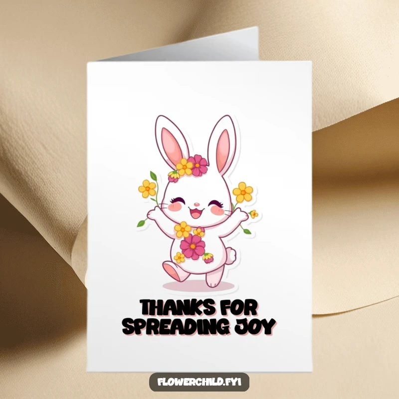 Funny Free Printable Thank You Card of a joyful bunny dancing, flowers woven into its fur, conveying thanks with charm.