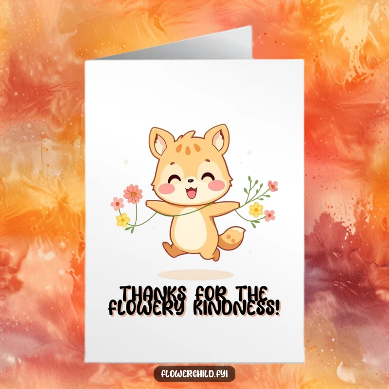 Funny free printable thank you card: A happy animal skipping with a chain of pretty flowers. A lovely way to say thanks!