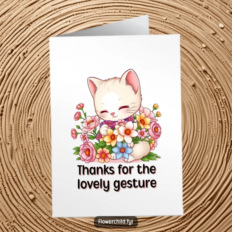 Funny Free Printable Thank You Card of a charming kitten arranging a colorful bouquet of blooms to say thank you.